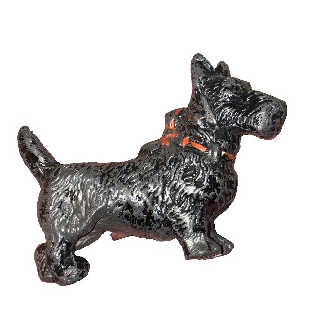 Vtg Scottish Terrier Figurine Cast Iron Small Red Bow Scottie Dog